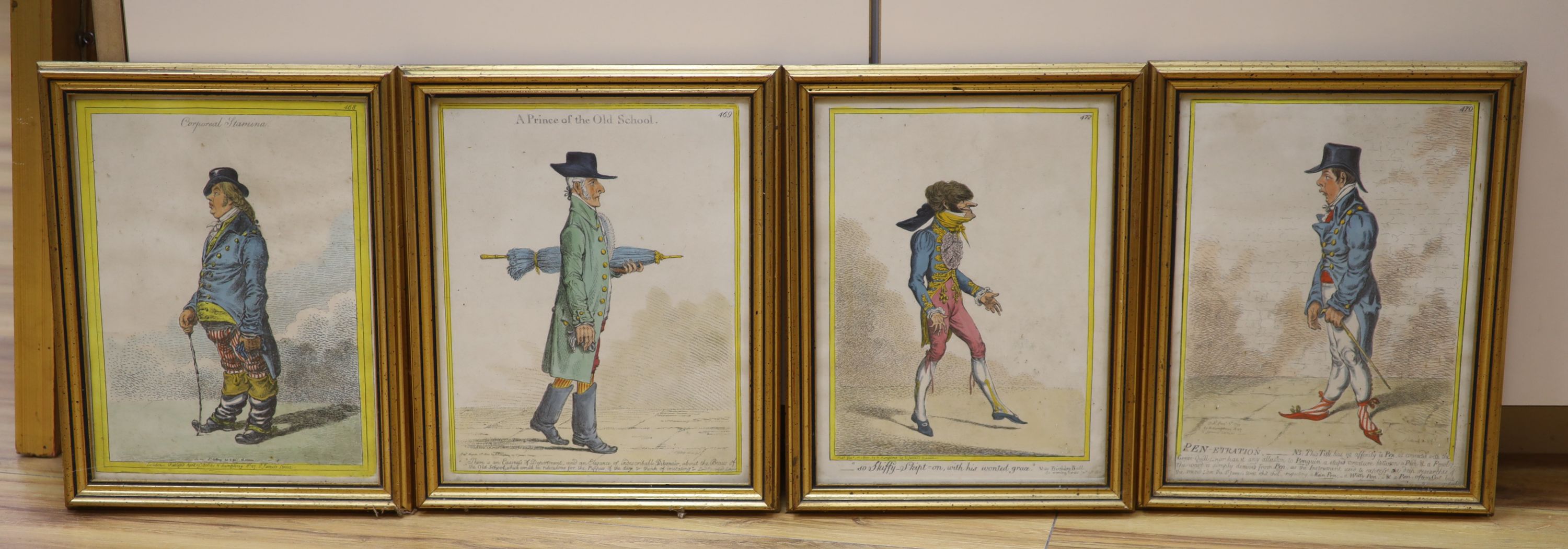 A set of four coloured lithographs of figures in caricature